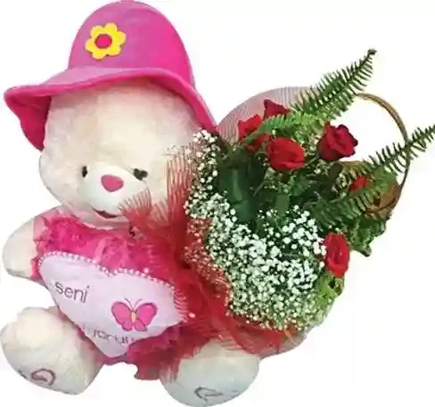Pembe Şapkalı Ayıcık & Kırmızı Gül Buketi